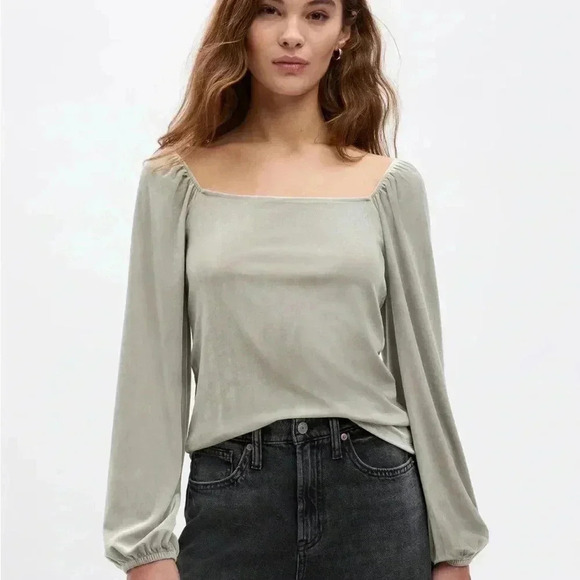 GAP Velvet Square Neck Puff Sleeve Blouse, Teal, Size Small - Picture 2 of 16